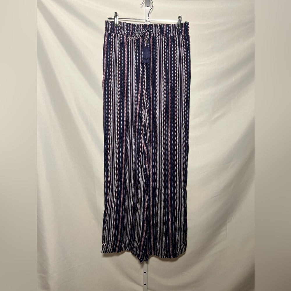 Knox Rose Women's Striped Wide Leg Pull-On Casual Pants w/Tassels Boho